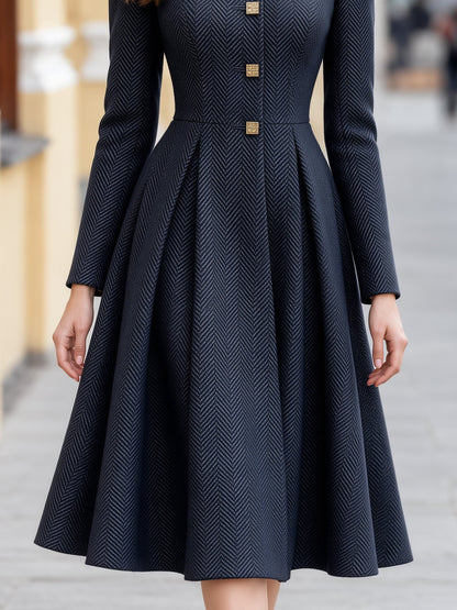 Herringbone Stand Collar Woolen A-Line Midi Dress