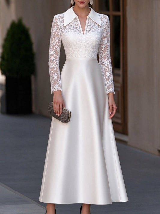 Floral Lace Long Sleeve Satin A-Line Dress