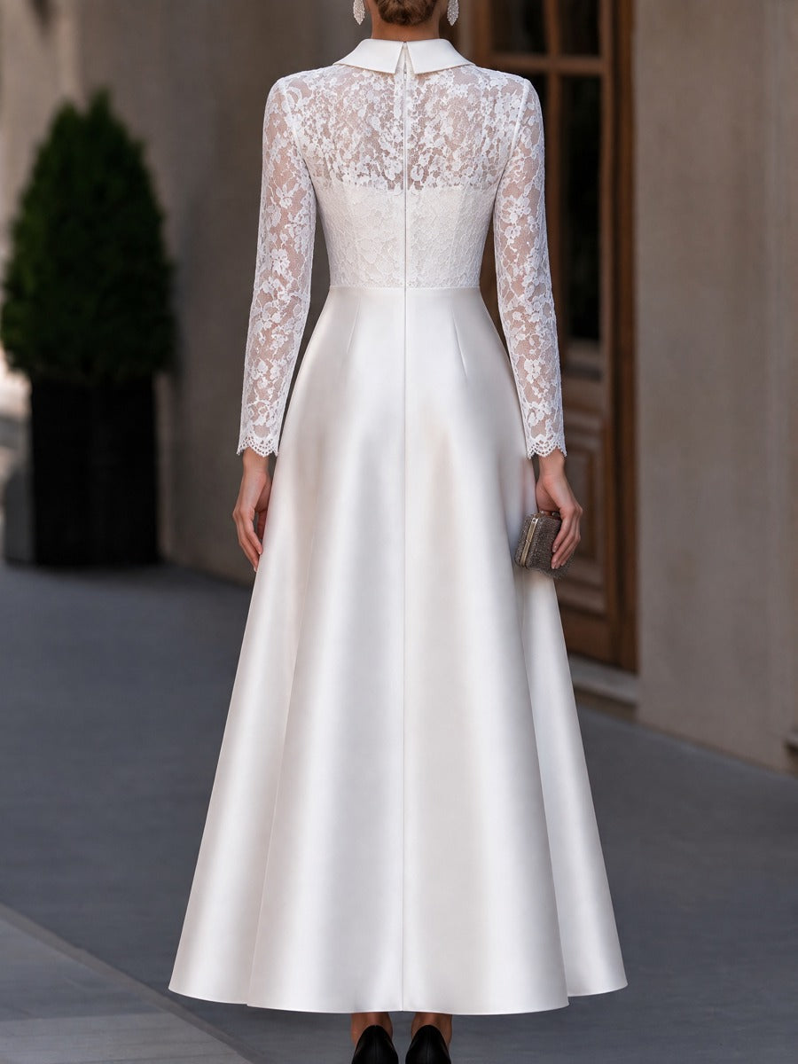 Floral Lace Long Sleeve Satin A-Line Dress
