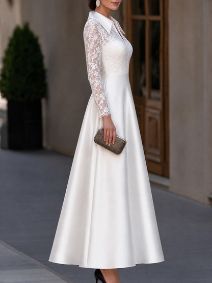 Floral Lace Long Sleeve Satin A-Line Dress