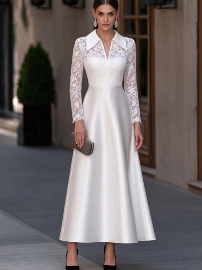 Floral Lace Long Sleeve Satin A-Line Dress