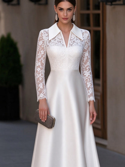 Floral Lace Long Sleeve Satin A-Line Dress