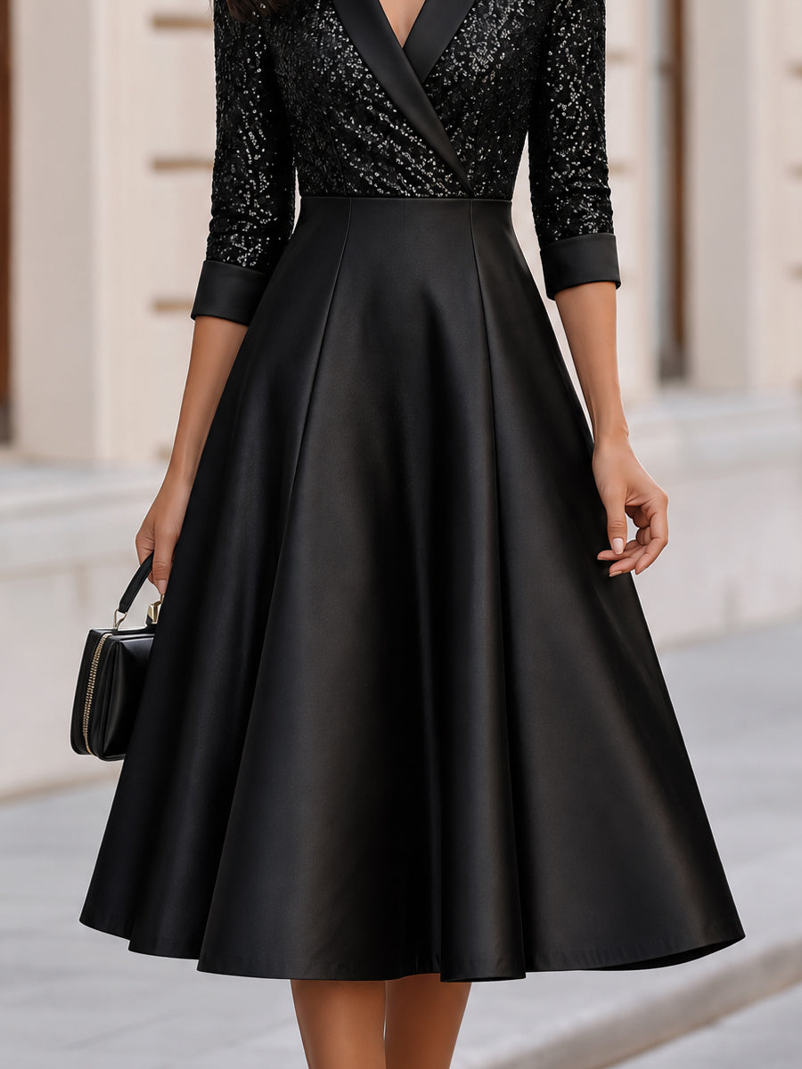 Sequin Lapel V Neck Midi A Line Dress