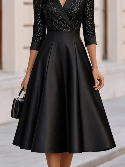 Sequin Lapel V Neck Midi A Line Dress