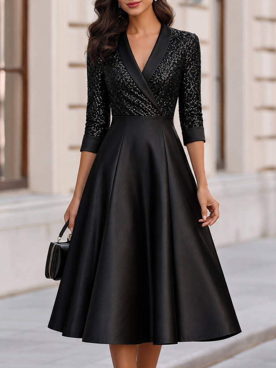Sequin Lapel V Neck Midi A Line Dress