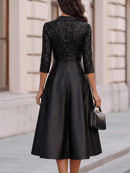 Sequin Lapel V Neck Midi A Line Dress
