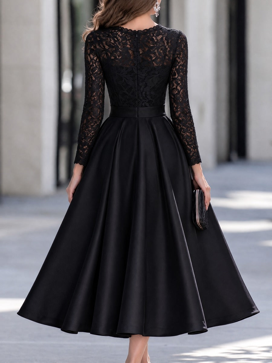 Round Neckline Lace Long Sleeve A-Line Satin Midi Dress