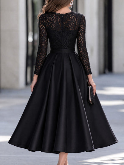 Round Neckline Lace Long Sleeve A-Line Satin Midi Dress
