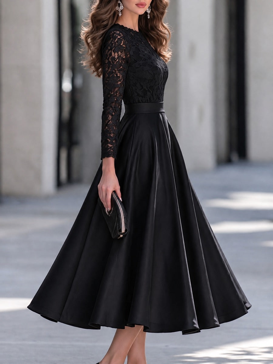Round Neckline Lace Long Sleeve A-Line Satin Midi Dress