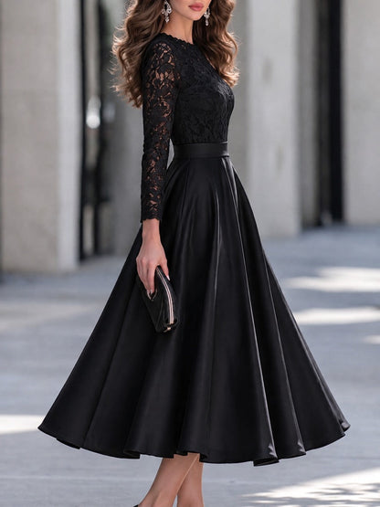 Round Neckline Lace Long Sleeve A-Line Satin Midi Dress