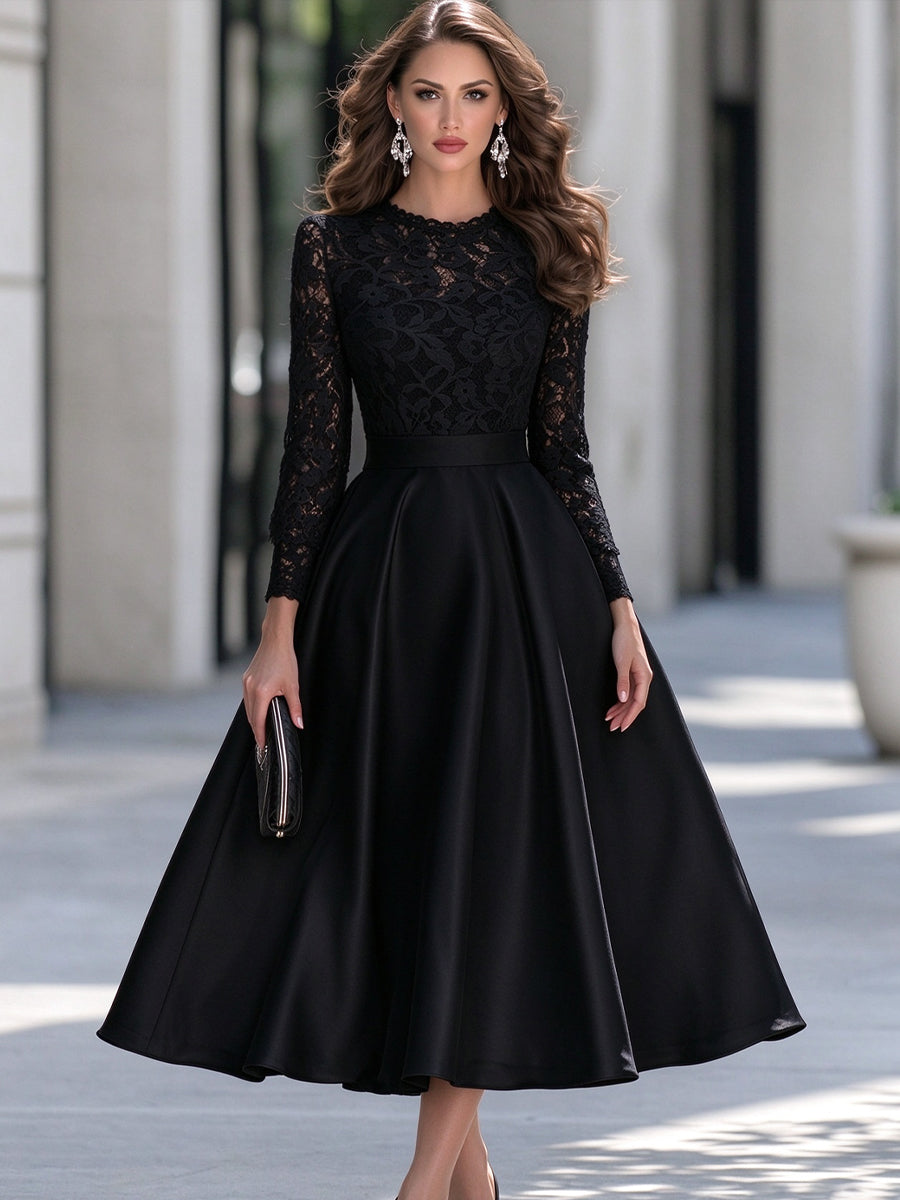 Round Neckline Lace Long Sleeve A-Line Satin Midi Dress