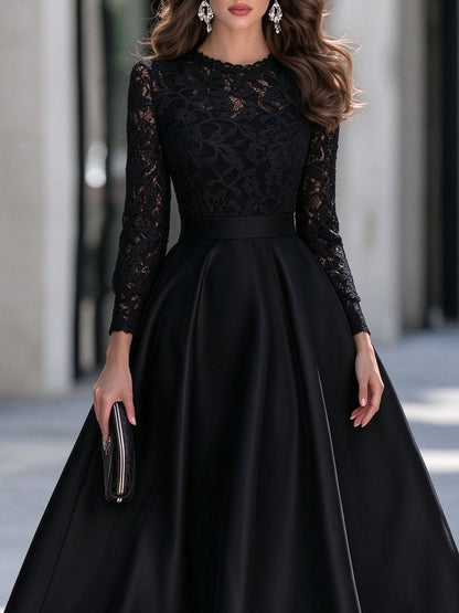 Round Neckline Lace Long Sleeve A-Line Satin Midi Dress
