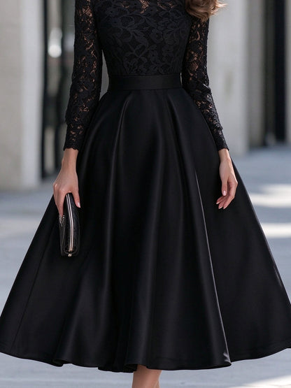 Round Neckline Lace Long Sleeve A-Line Satin Midi Dress