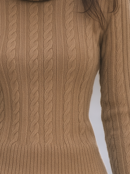 Camel Cowl Neck Cable Knit Slim Sweater Top