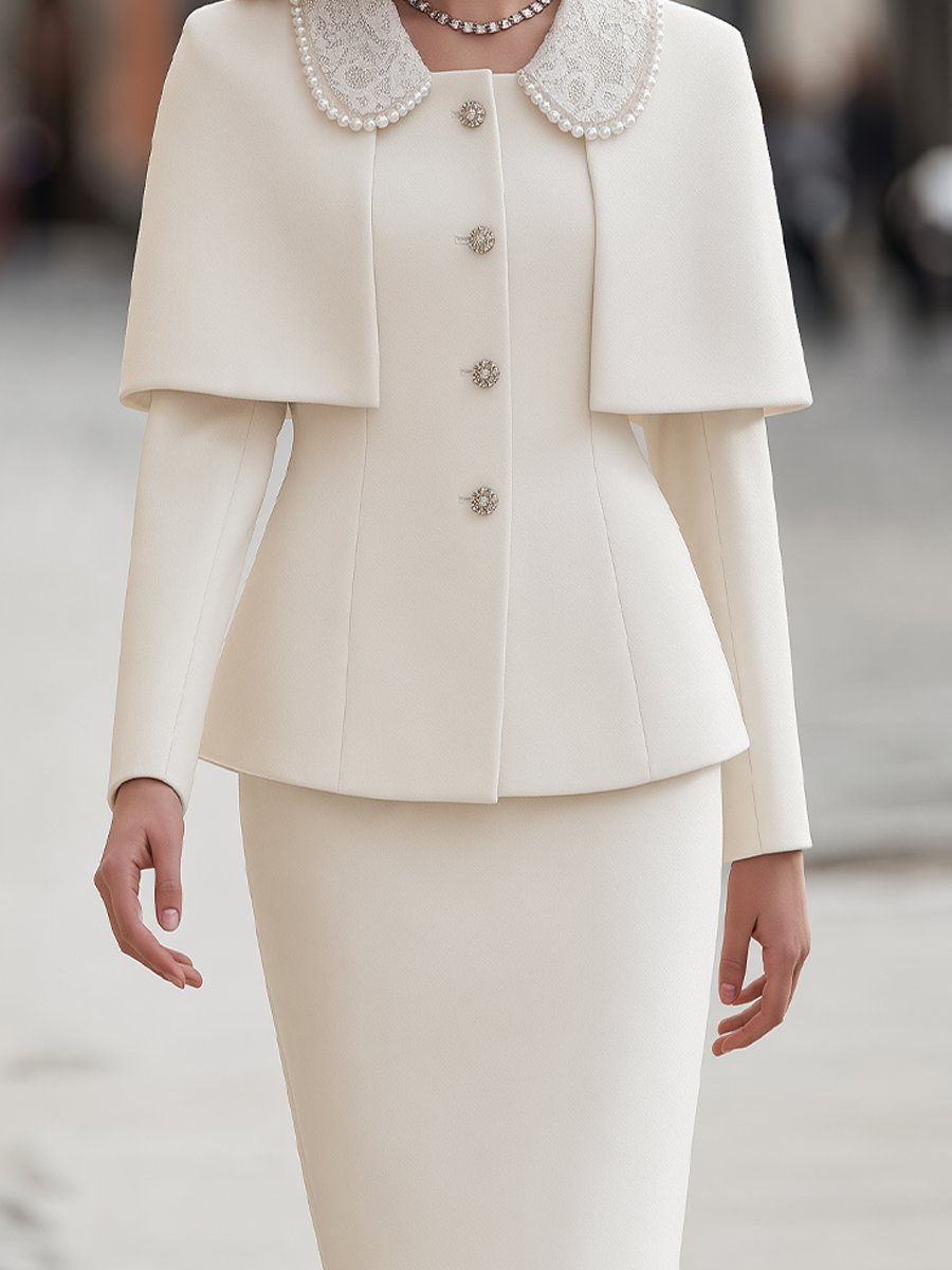 Ivory Pearl Lace Collar Cape Skirt Suit