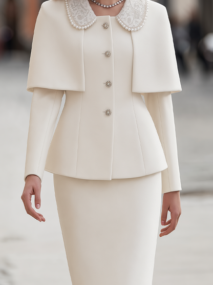 Ivory Pearl Lace Collar Cape Skirt Suit