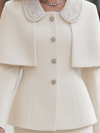 Ivory Pearl Lace Collar Cape Skirt Suit