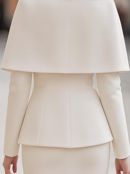 Ivory Pearl Lace Collar Cape Skirt Suit