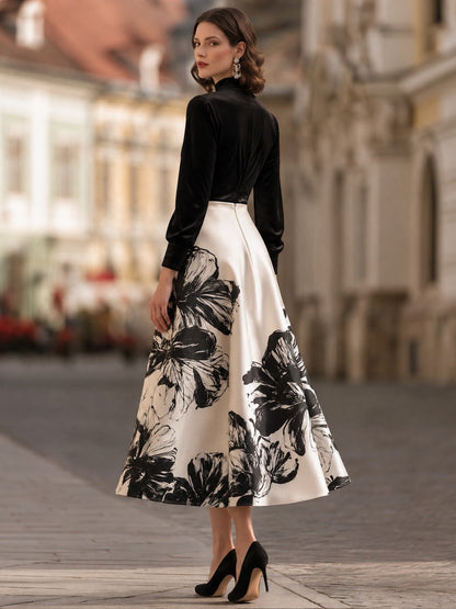 Floral Print Velvet-Bodice Midi Dress