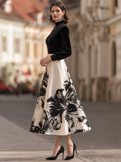 Floral Print Velvet-Bodice Midi Dress
