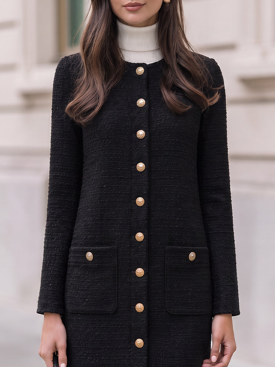 Tweed Long Sleeve Mini Dress With Gold Buttons