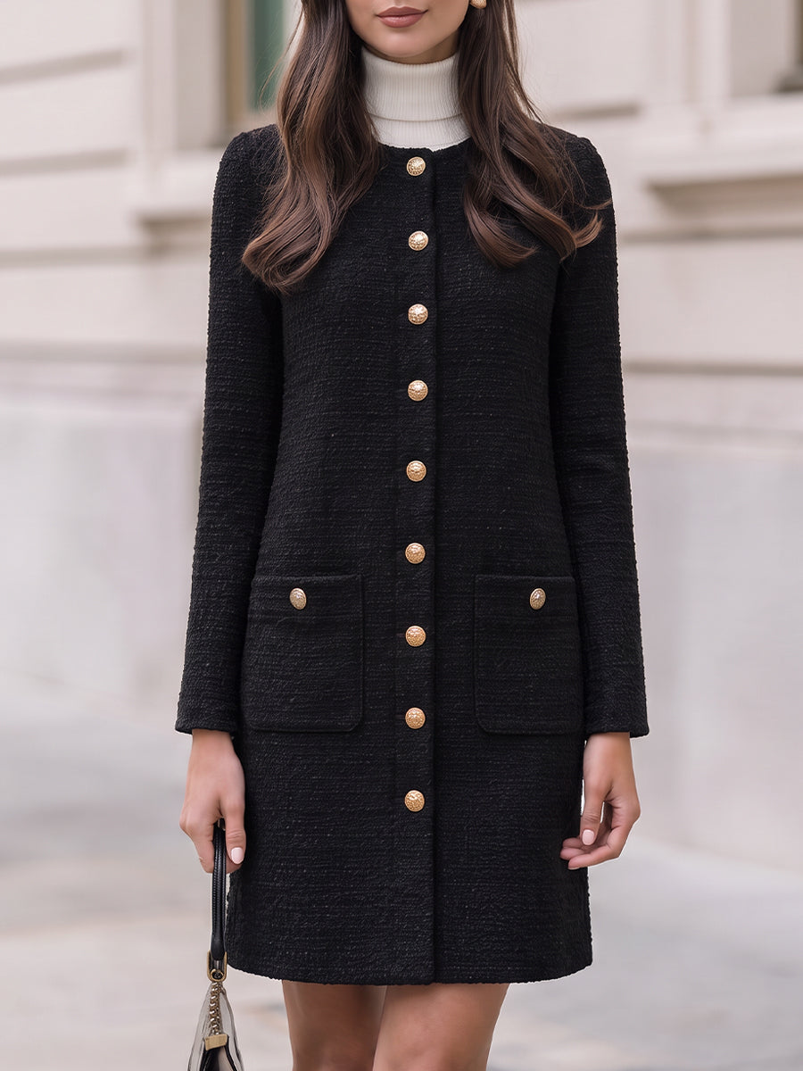 Tweed Long Sleeve Mini Dress With Gold Buttons