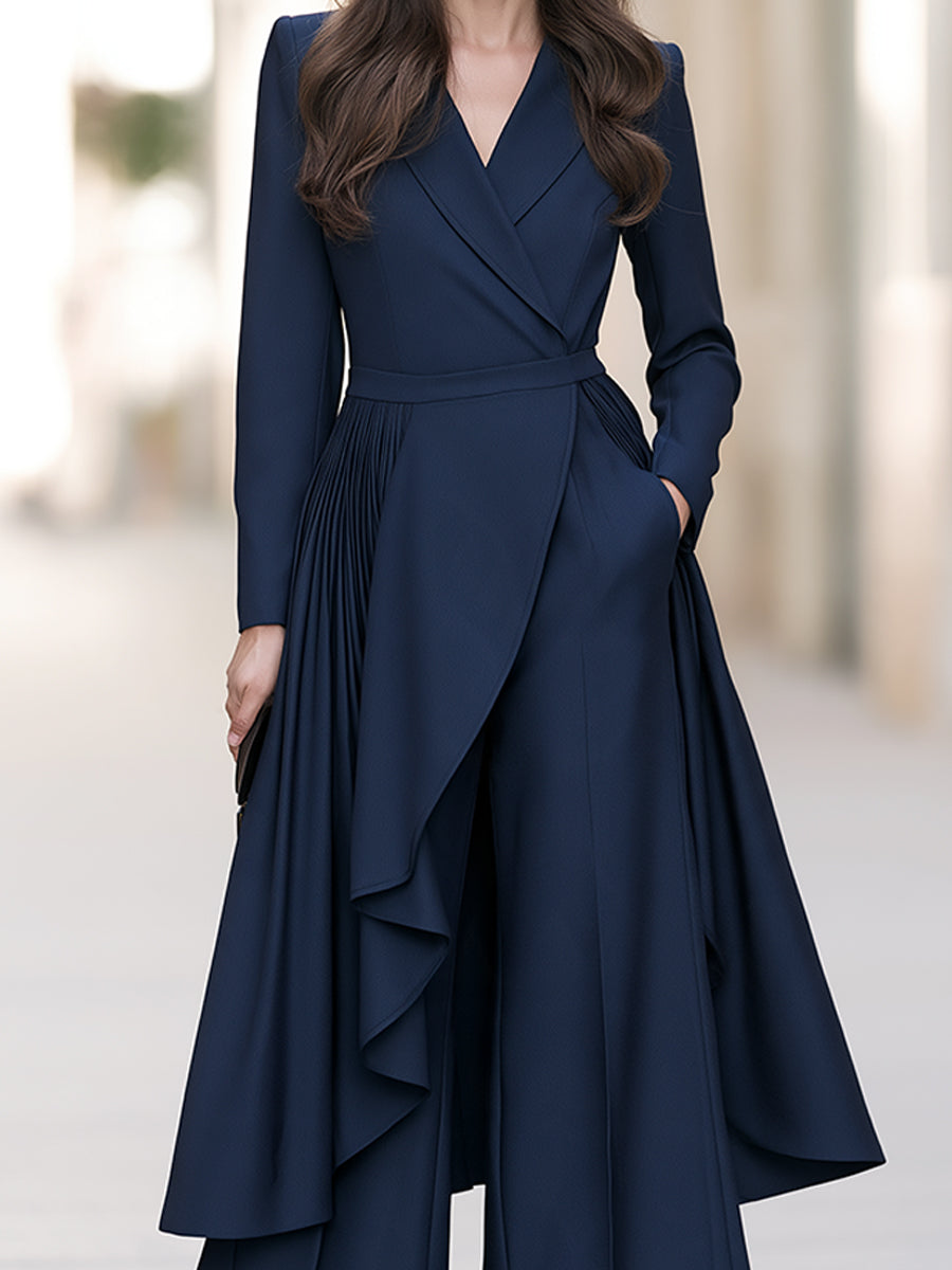 Elegant Navy Wrap Blazer Wide-Leg Pants Two-Piece Set