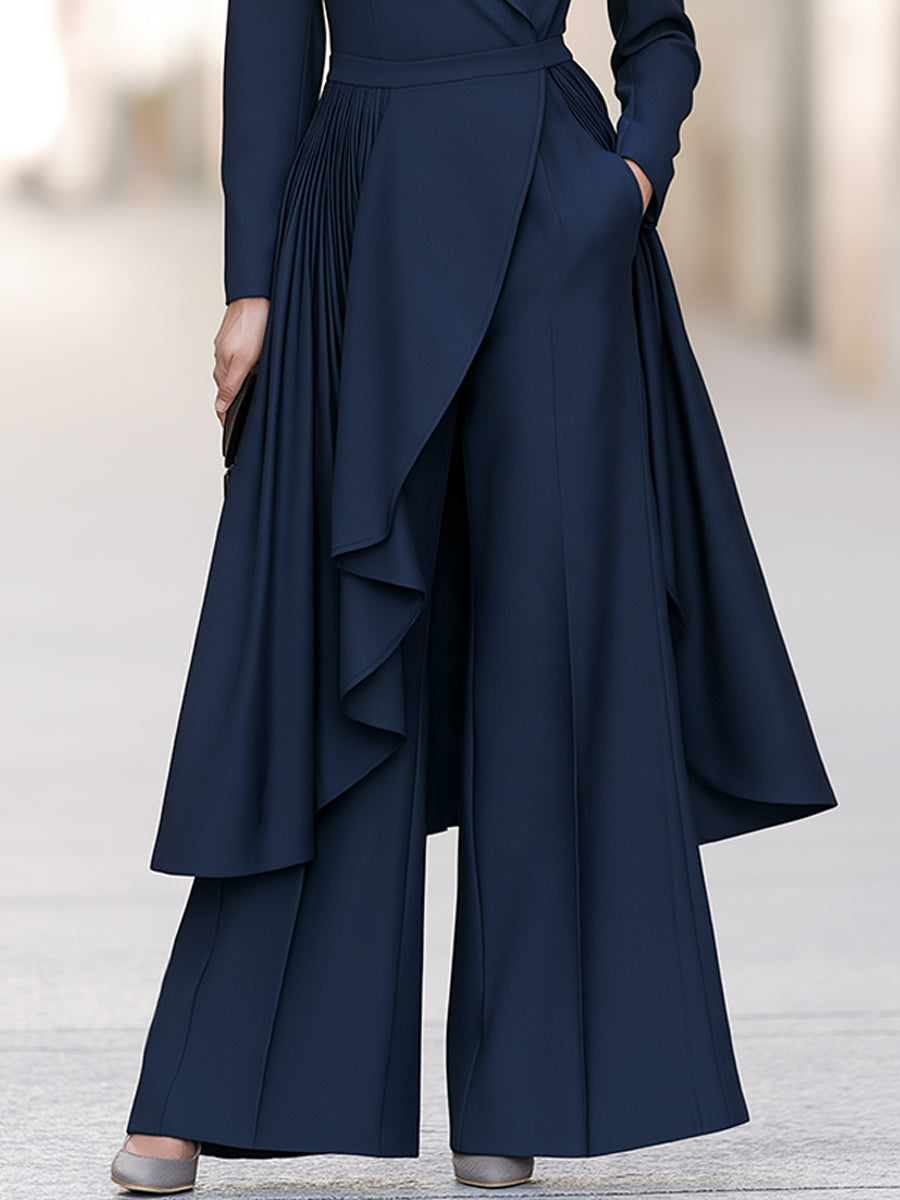 Elegant Navy Wrap Blazer Wide-Leg Pants Two-Piece Set