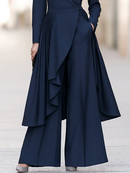 Elegant Navy Wrap Blazer Wide-Leg Pants Two-Piece Set