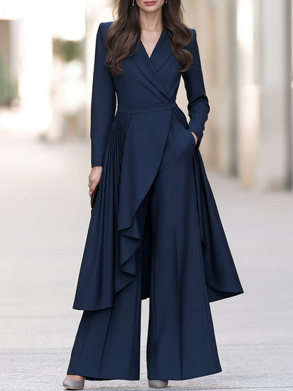 Elegant Navy Wrap Blazer Wide-Leg Pants Two-Piece Set