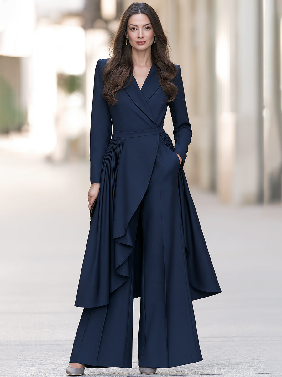 Elegant Navy Wrap Blazer Wide-Leg Pants Two-Piece Set