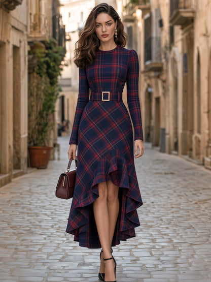 High-Low Ruffle Hem Plaid Maxi Dress