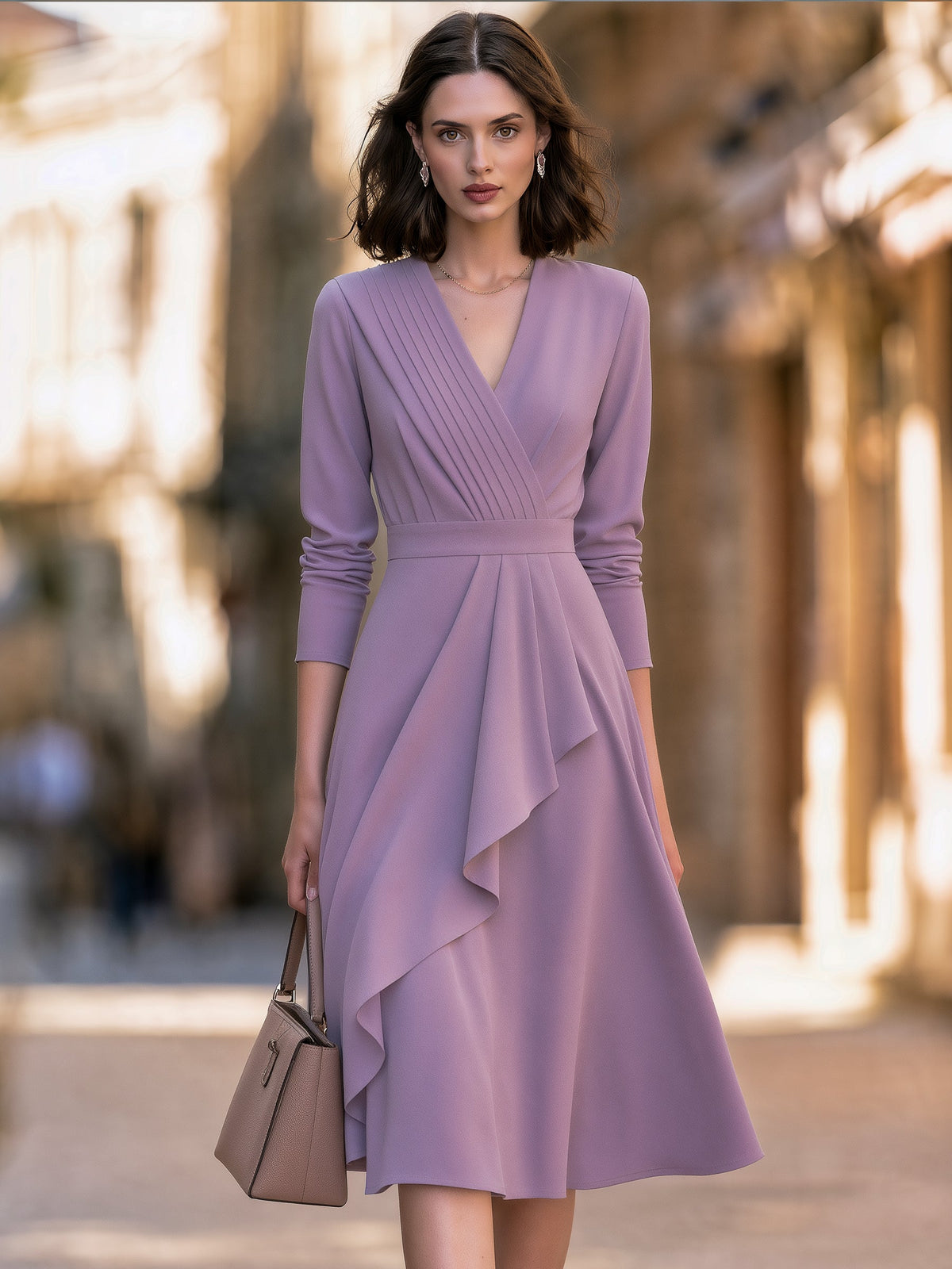 Pleated V-Neck Cascading Ruffle Midi Dress
