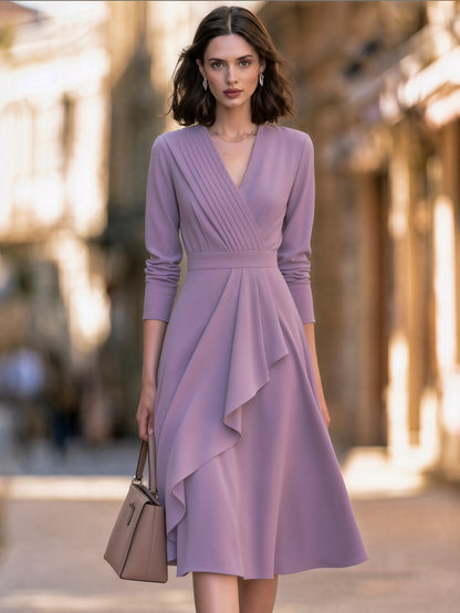 Pleated V-Neck Cascading Ruffle Midi Dress