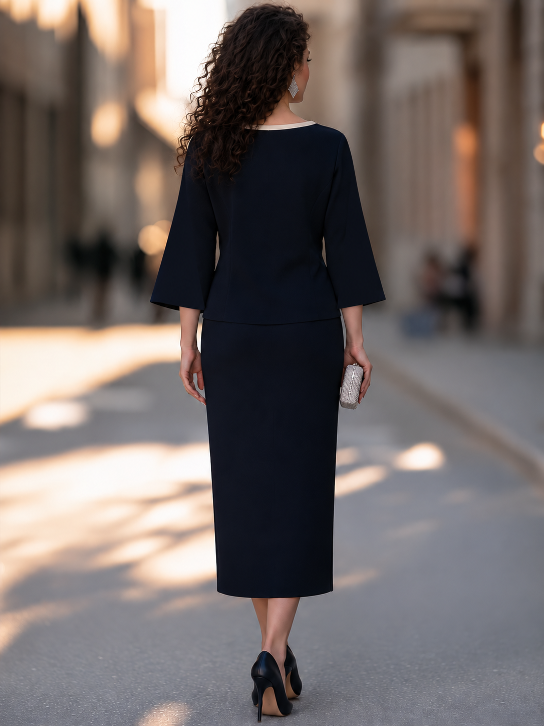 Contrast Trim Two-Piece Set With Split Sleeves And Front Slit Midi Skirt