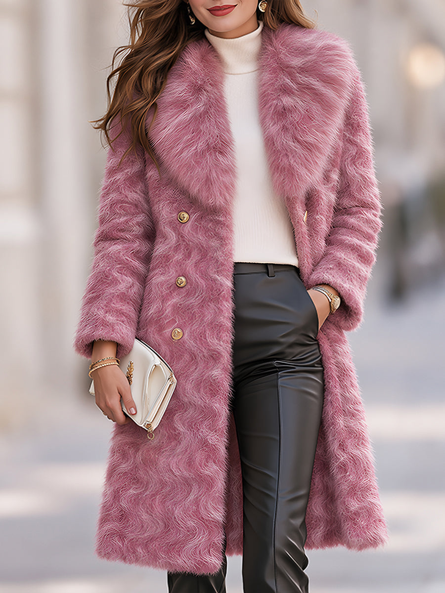 Luxurious Wavy-textured Faux Fur Double-breasted Mid-length Coat With A Faux Fox Fur Collar