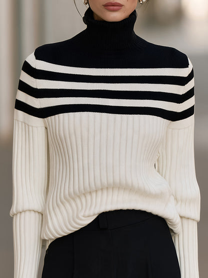 Turtleneck Striped Yoke Ribbed Knit Sweater