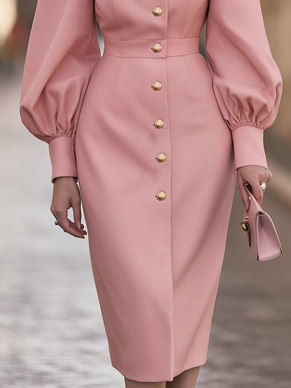 Button-Down Bishop-Sleeve Lapel Midi Dress