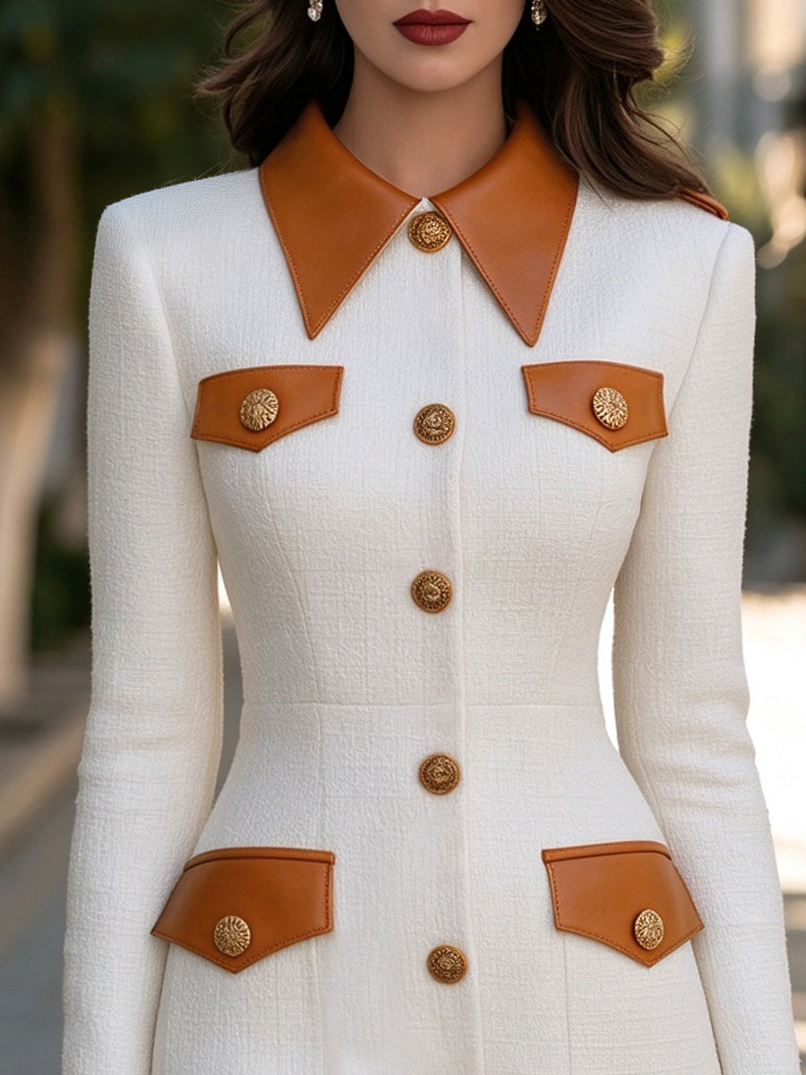 Faux Leather Trim Tweed Button-Front Midi Dress