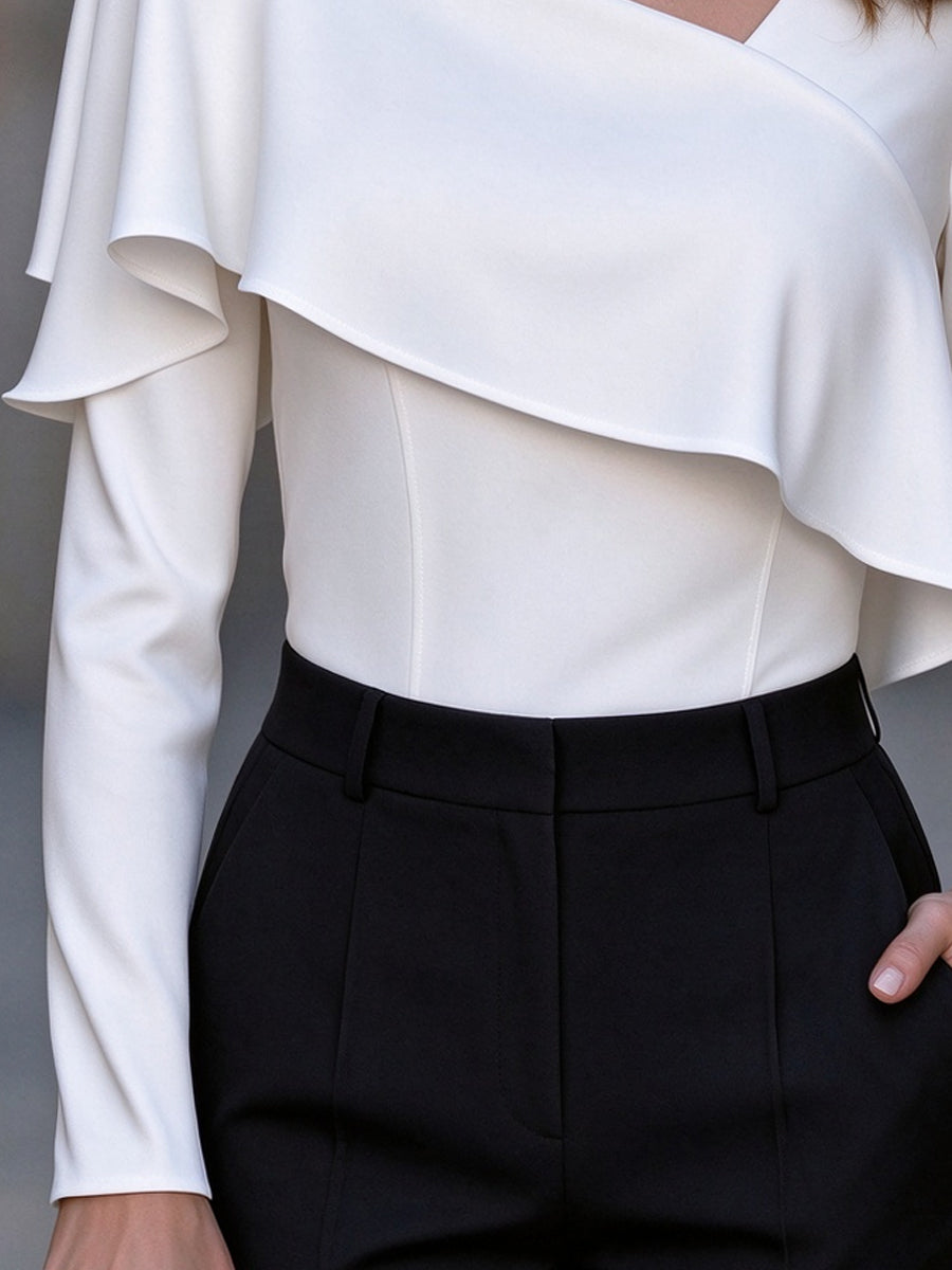 Asymmetric Ruffle Overlay Long Sleeve Blouse