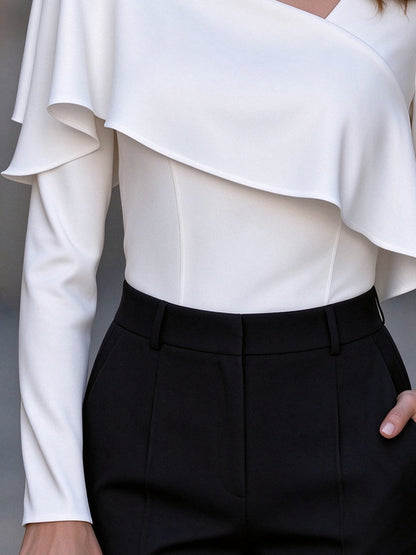 Asymmetric Ruffle Overlay Long Sleeve Blouse
