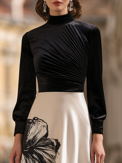 Floral Print Velvet-Bodice Midi Dress
