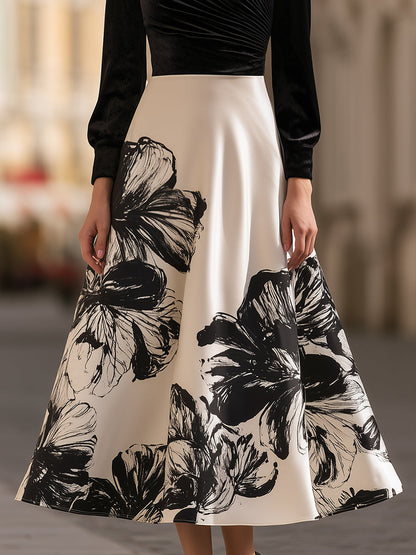 Floral Print Velvet-Bodice Midi Dress