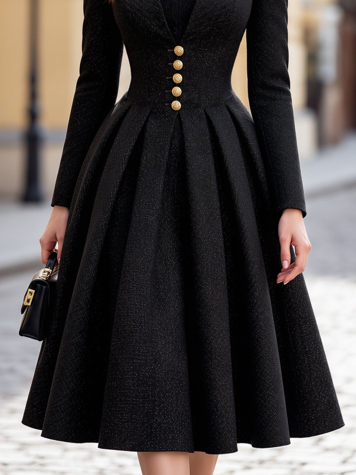 Tweed Stand Collar Tailored A-Line Midi Dress
