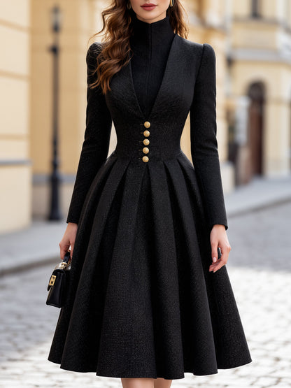 Tweed Stand Collar Tailored A-Line Midi Dress