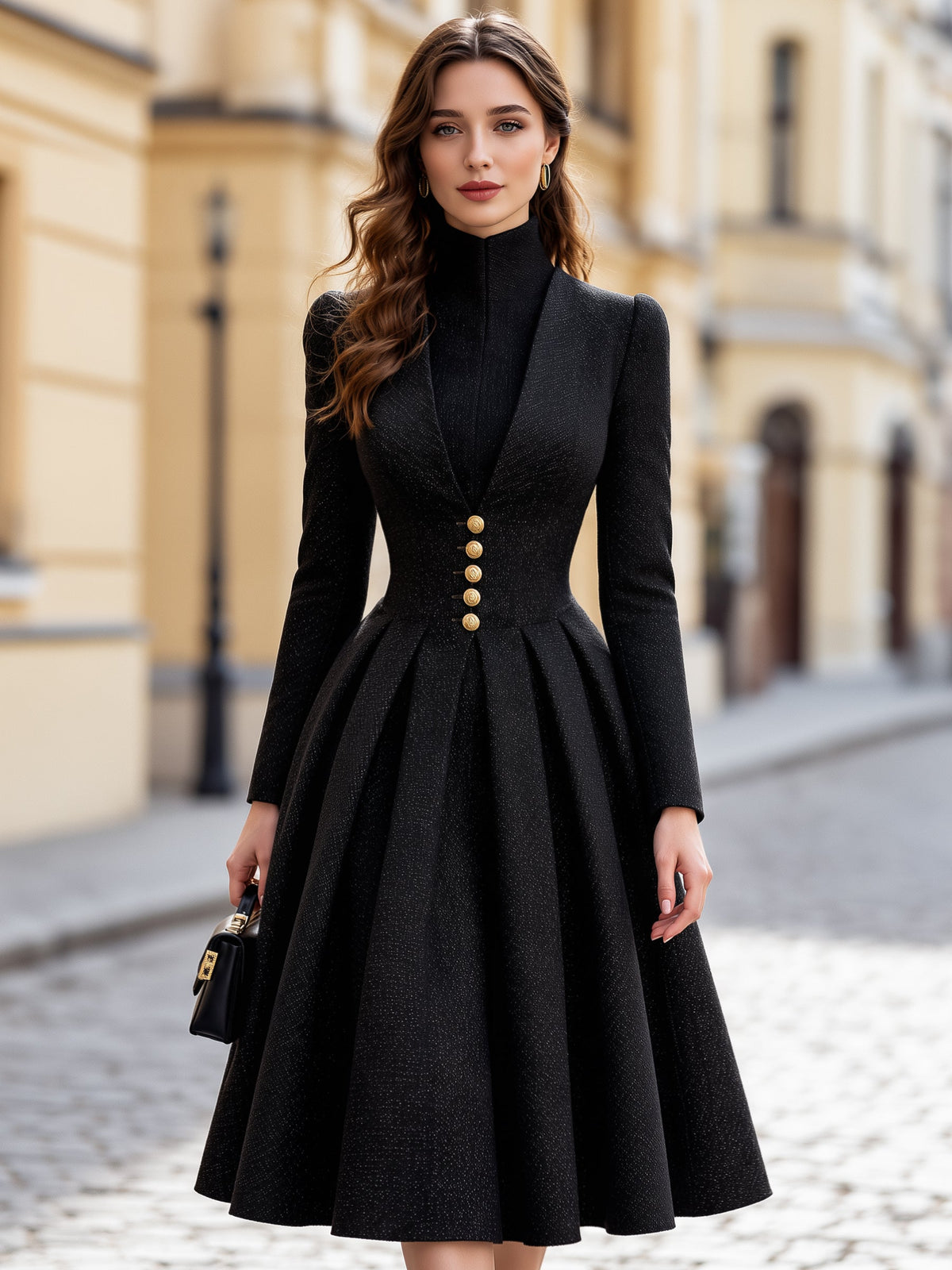 Tweed Stand Collar Tailored A-Line Midi Dress