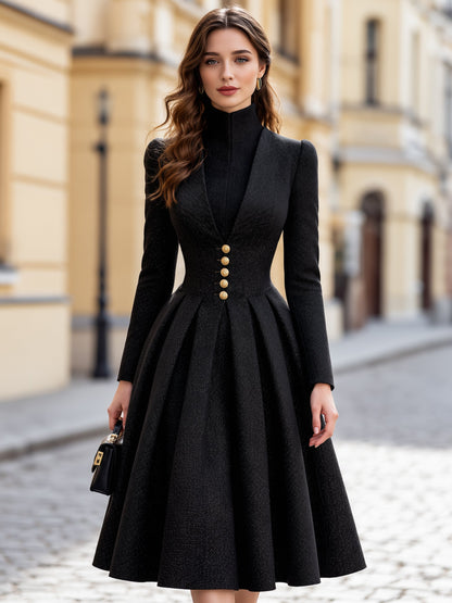 Tweed Stand Collar Tailored A-Line Midi Dress