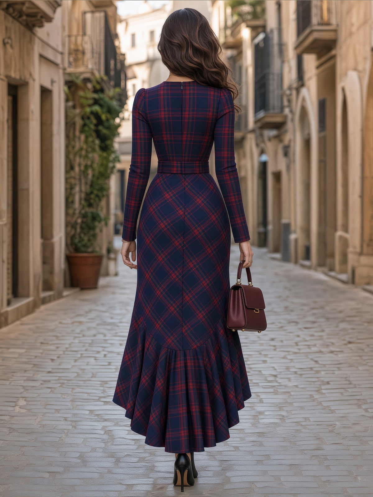 High-Low Ruffle Hem Plaid Maxi Dress