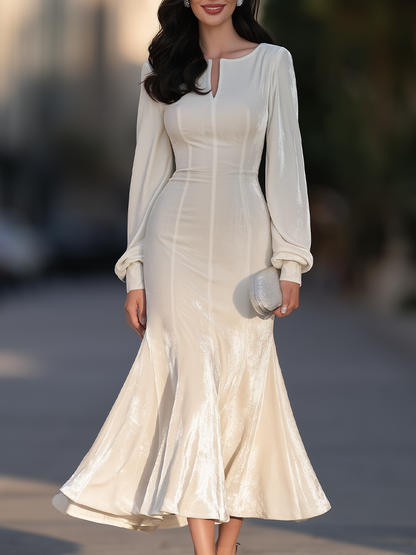 Notched Neck Mermaid Maxi Dress With Bishop Sleeves And Princess Seams