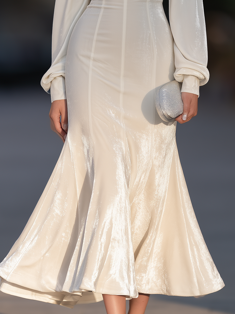 Notched Neck Mermaid Maxi Dress With Bishop Sleeves And Princess Seams